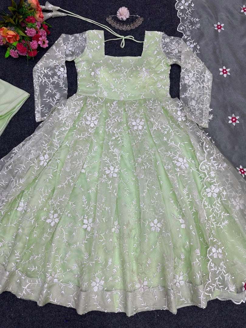 Organza heavy thread work anarkali suit