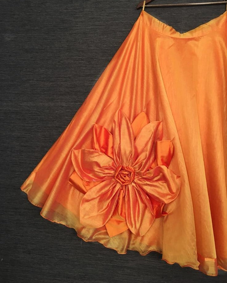 Ornage rajwadi chanderi silk hand made flower lehenga choli