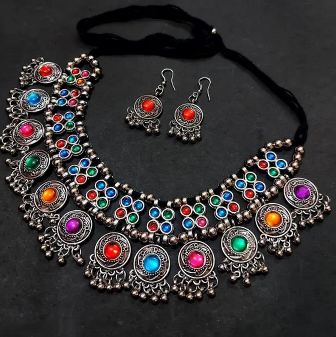 Oxidised Silver Artificial Stones Jewellery Set