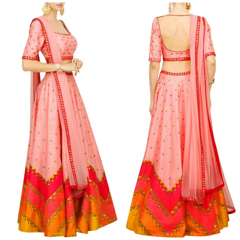 Pale pink lehenga set with multicoloured aztec border