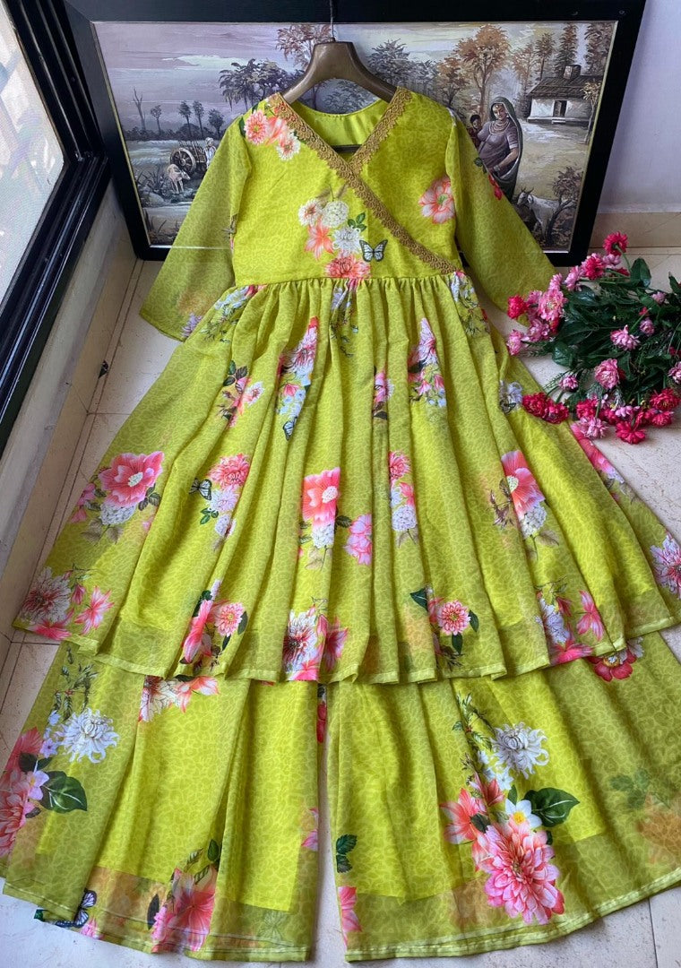 Parrot green floral printed palazzo gown