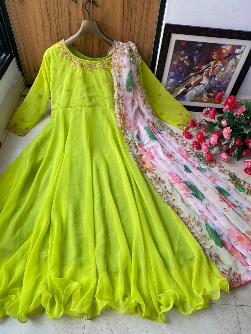 Parrot green georgette unbrella flair long gown with printed dupatta
