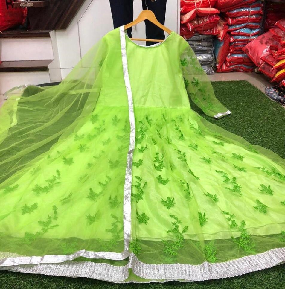 Parrot green net embroidered anarkali suit