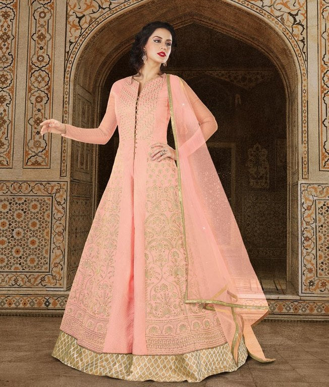 Pastel Pink Colored Jacquard Silk Jari Embroidery With Stone Work Semi Stitched gown