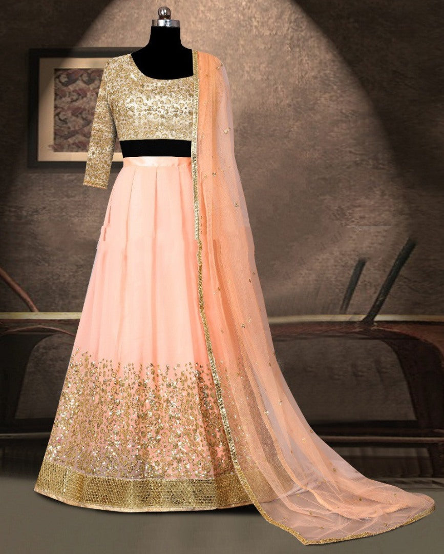 Peach bemberg georgette sequence work designer lehenga choli