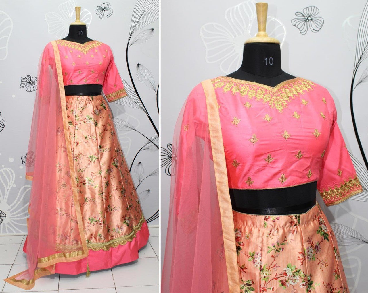 peach broket silk printed navratri festival lehenga