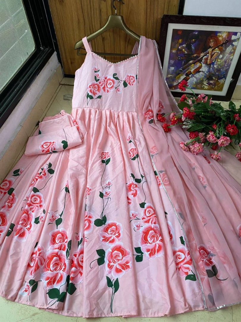 Peach butter silk floral printed ethnic gown