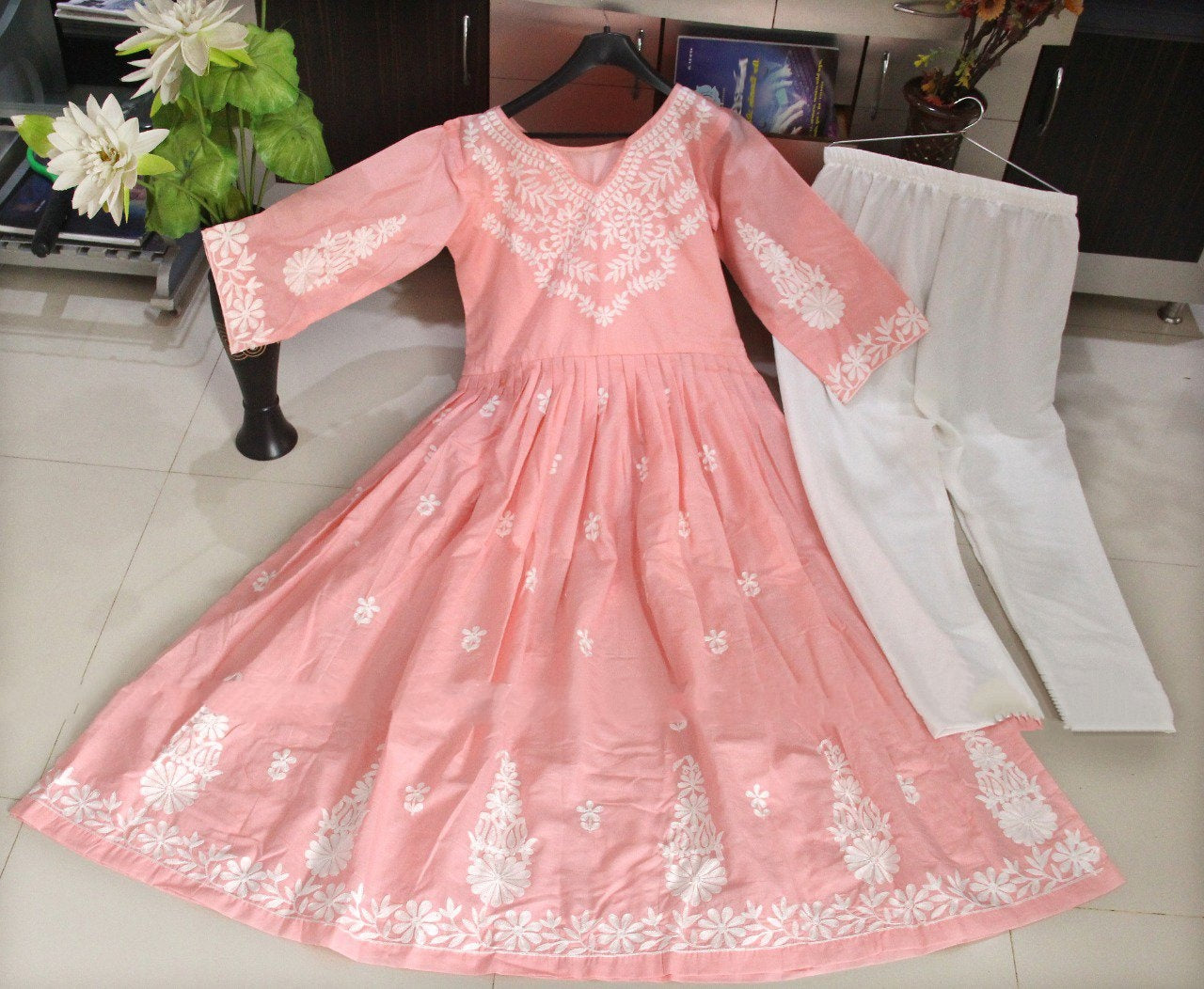 Peach cotton embroidery work long kurti with pant