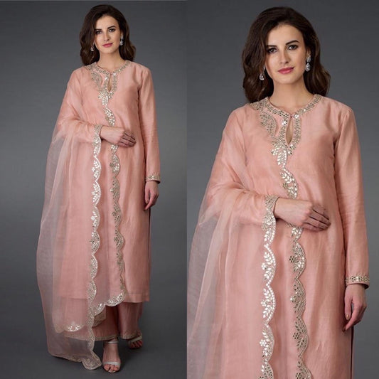 Peach cotton foil mirror work plazzo suit