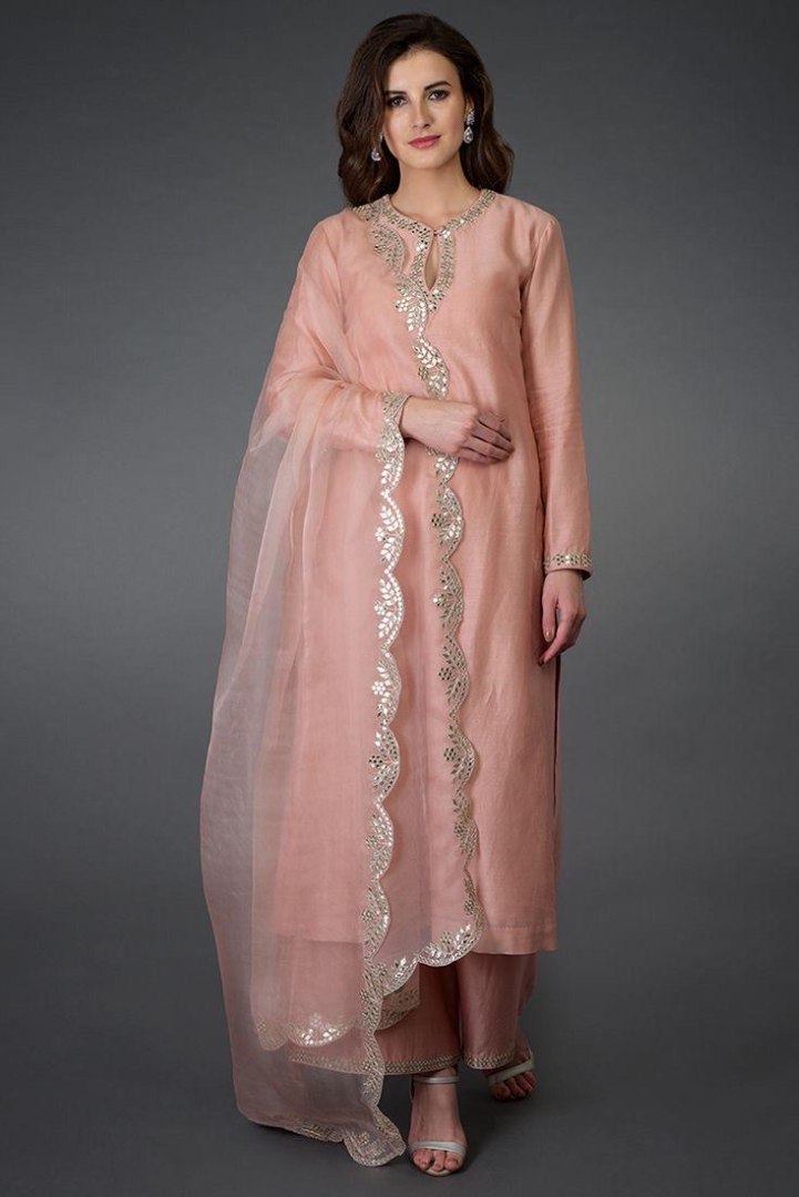 Peach cotton foil mirror work plazzo suit