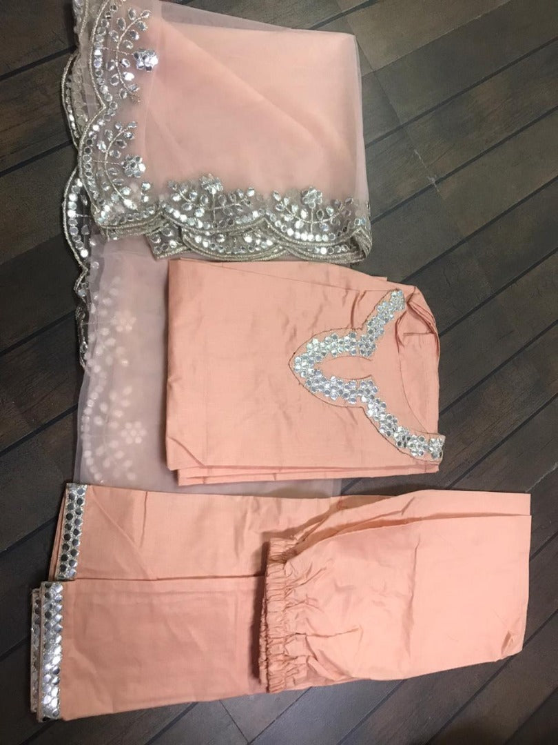 Peach cotton foil mirror work plazzo suit