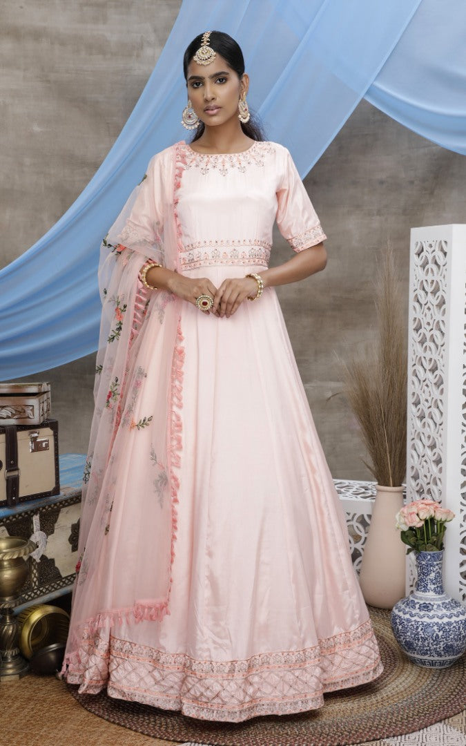 Peach diamond georgette embroidered anakali gown