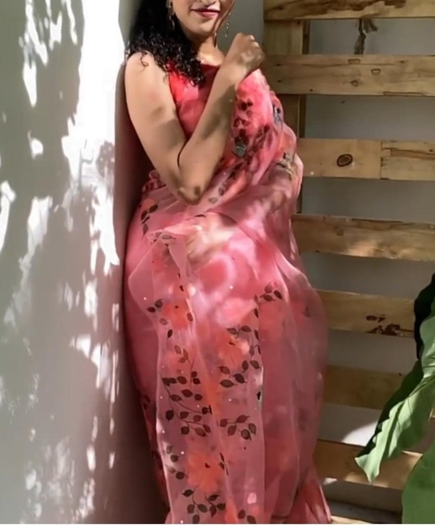 Peach digital floral printed organza saree