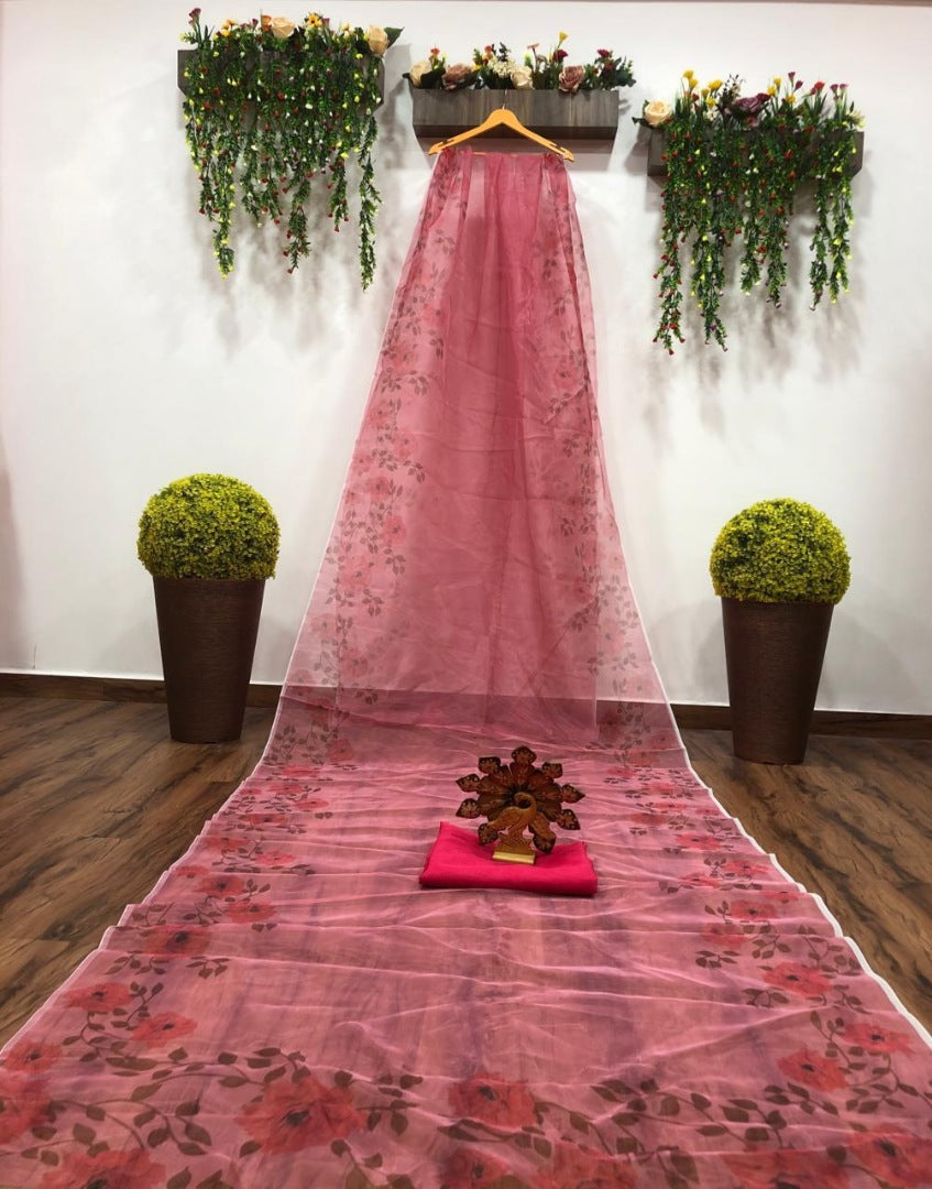 Peach digital floral printed organza saree
