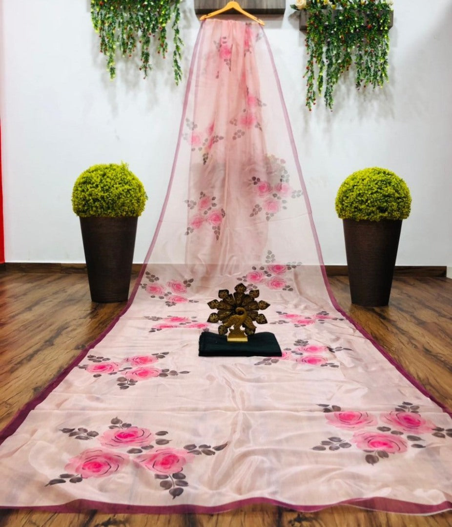 Peach digital flower print organza saree