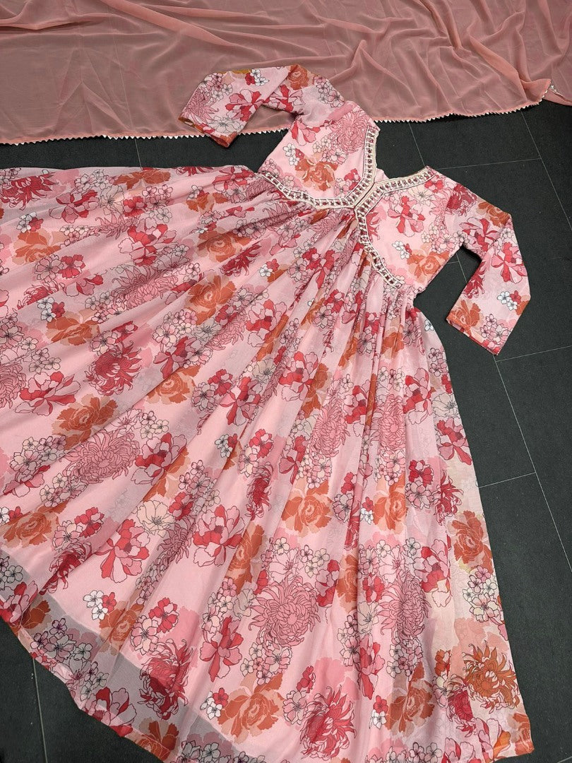 Peach floral printed georgette handwork alia cut kurti