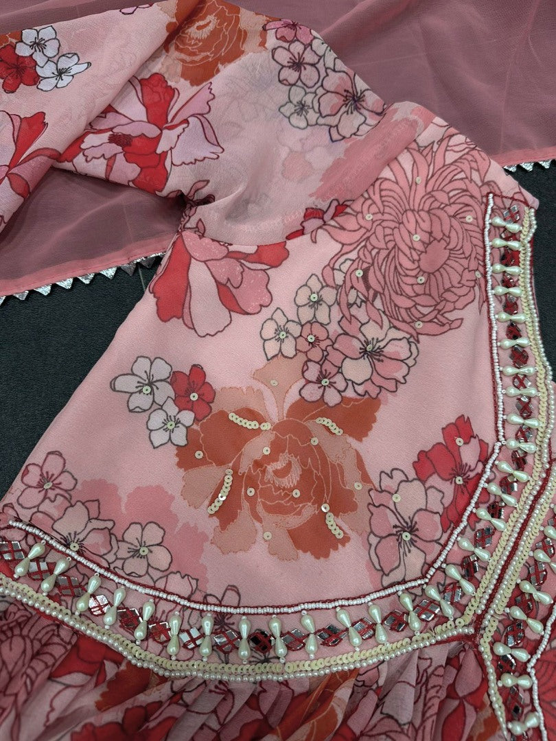 Peach floral printed georgette handwork alia cut kurti