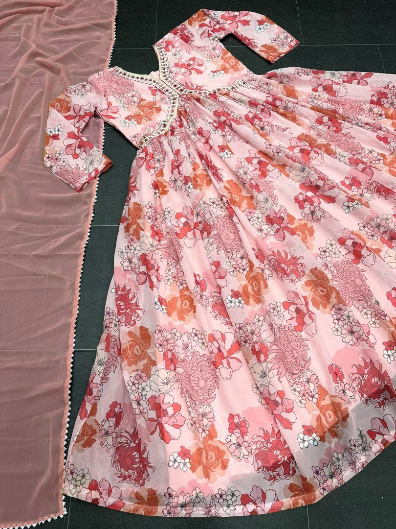 Peach floral printed georgette handwork alia cut kurti