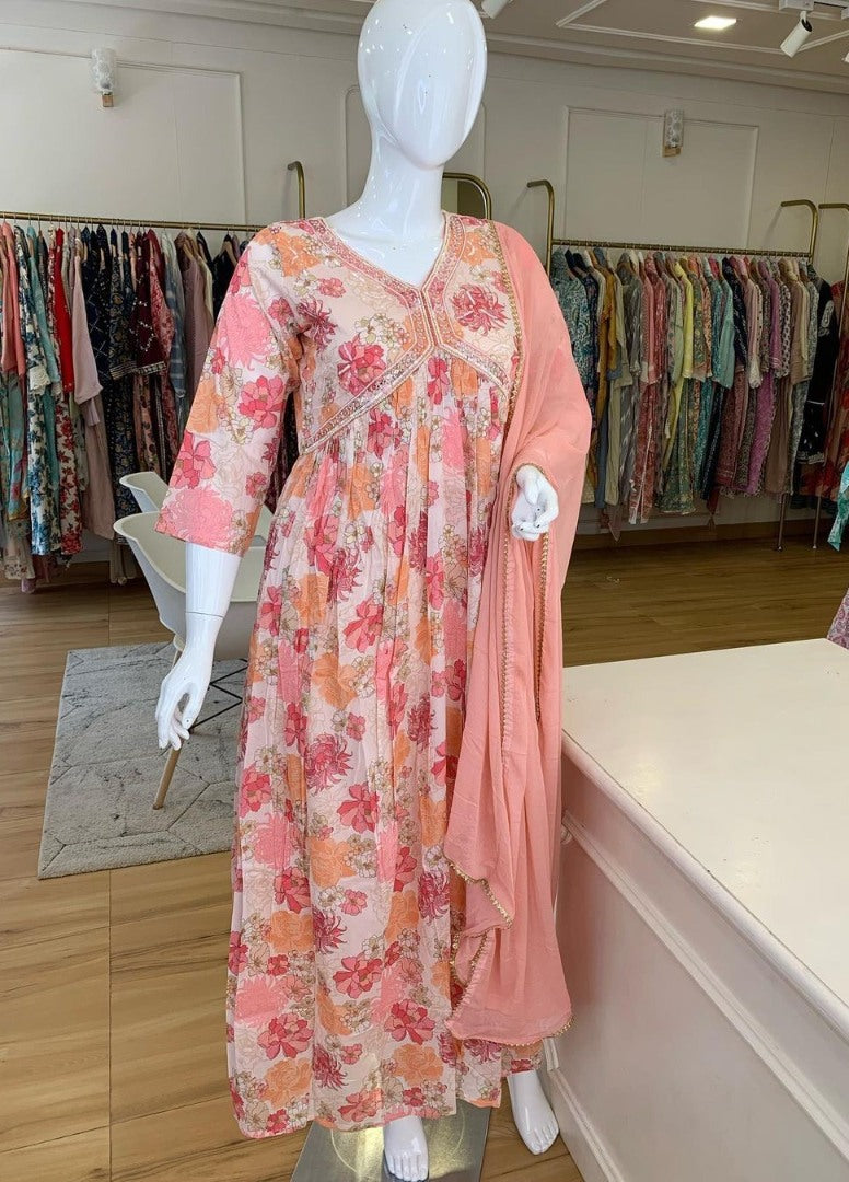 Peach floral printed georgette handwork alia cut kurti