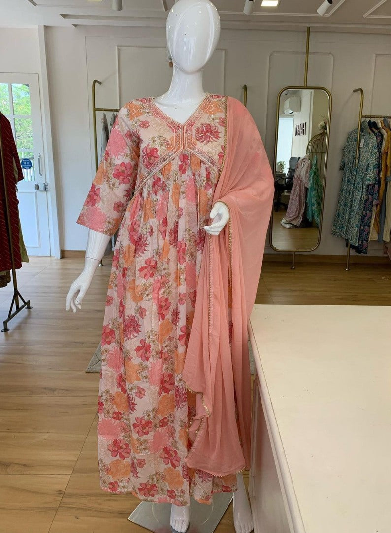 Peach floral printed georgette handwork alia cut kurti