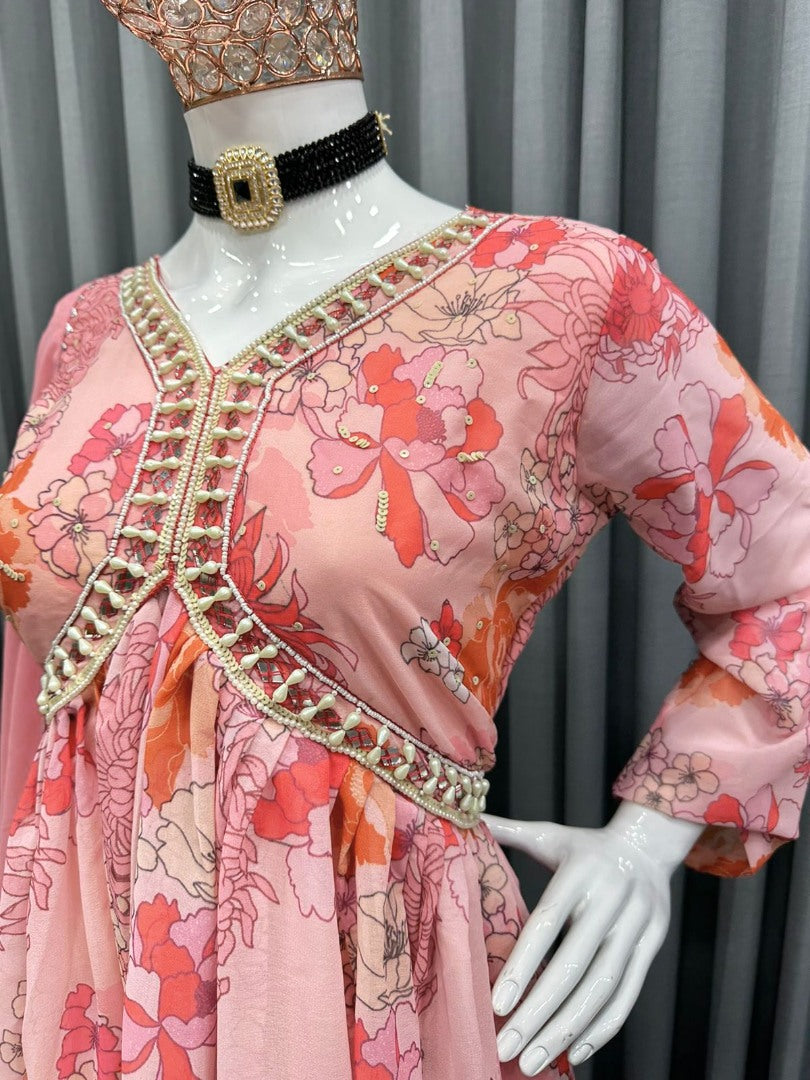 Peach floral printed georgette handwork alia cut kurti