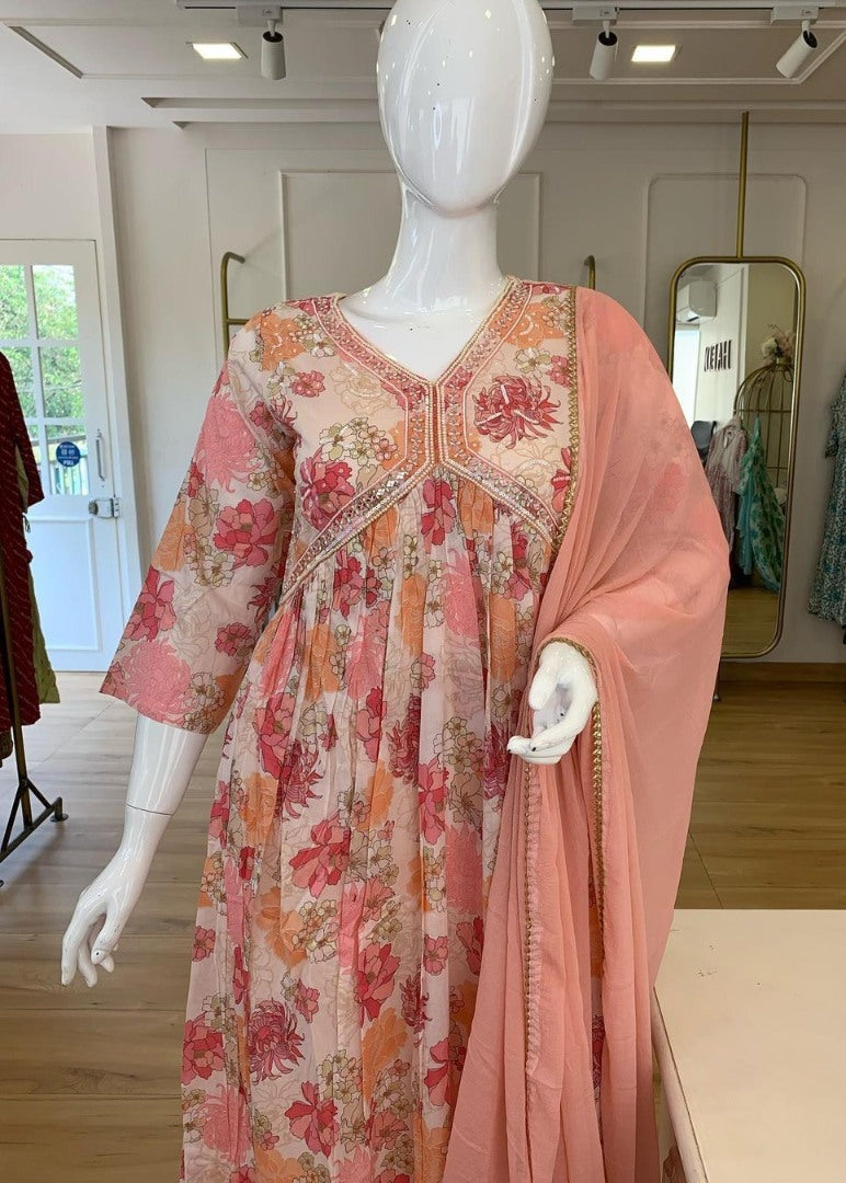 Peach floral printed georgette handwork alia cut kurti
