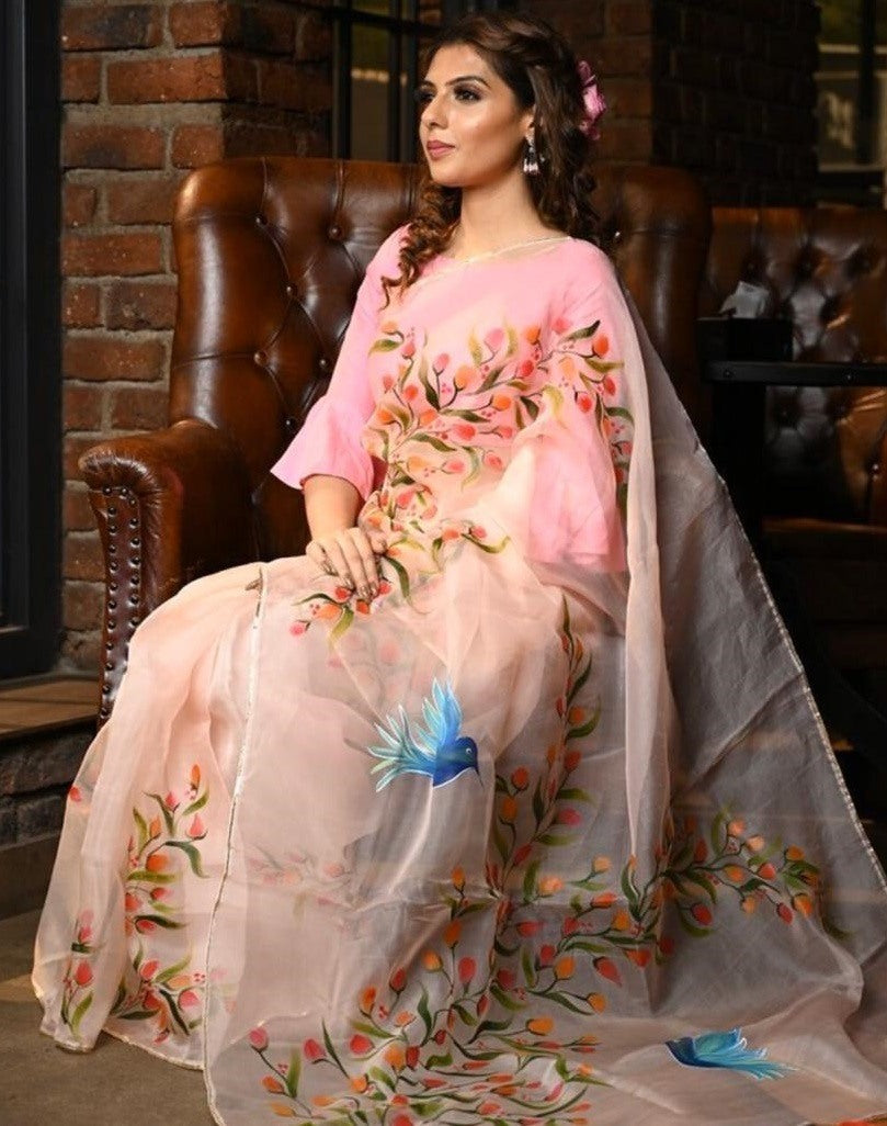 Peach floral printed organza saree