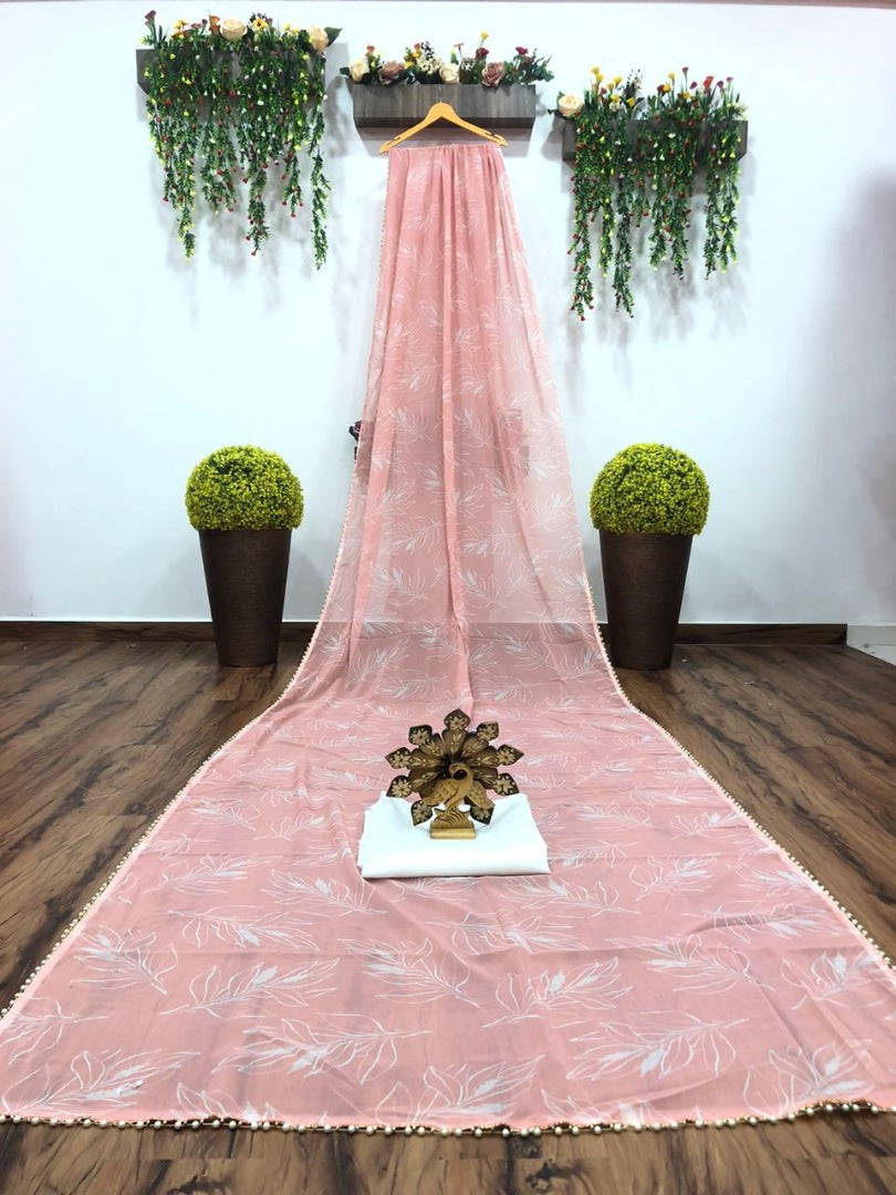 Peach georgette digital floral printed motilace saree