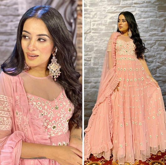 Peach georgette embroidered sequence work gown