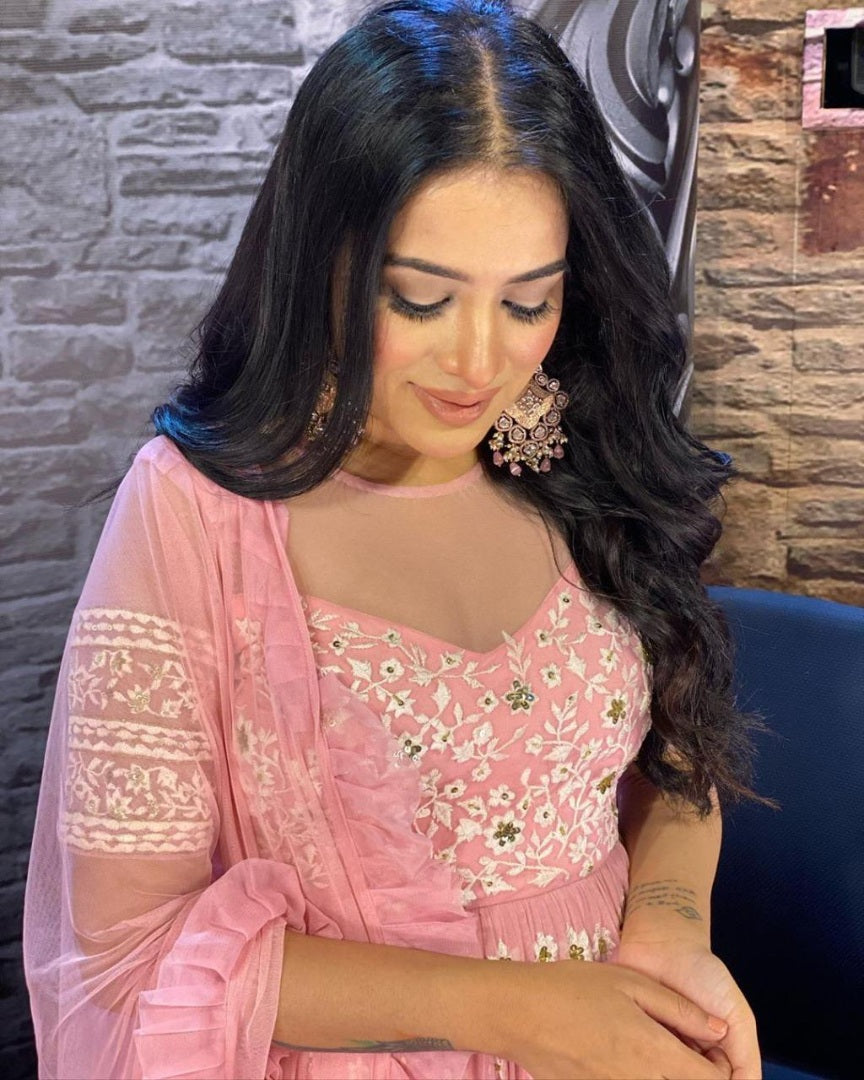 Peach georgette embroidered sequence work gown