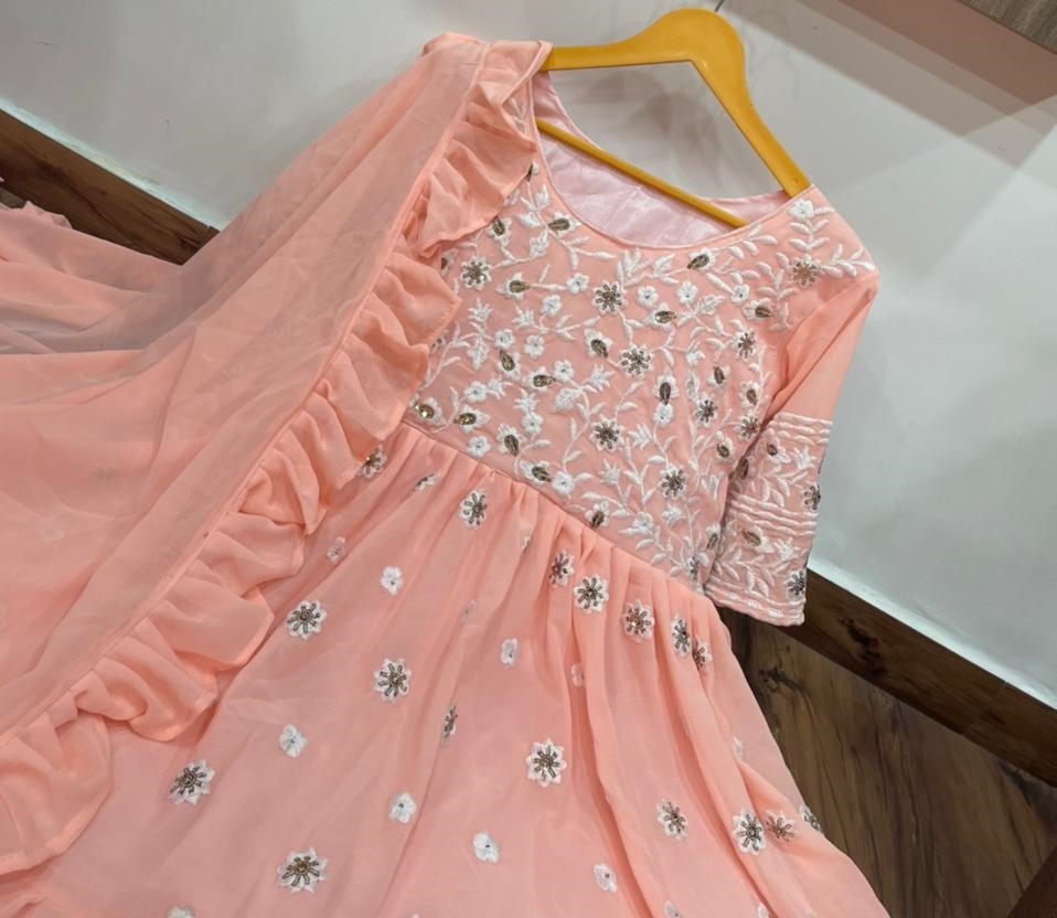 Peach georgette embroidered sequence work gown