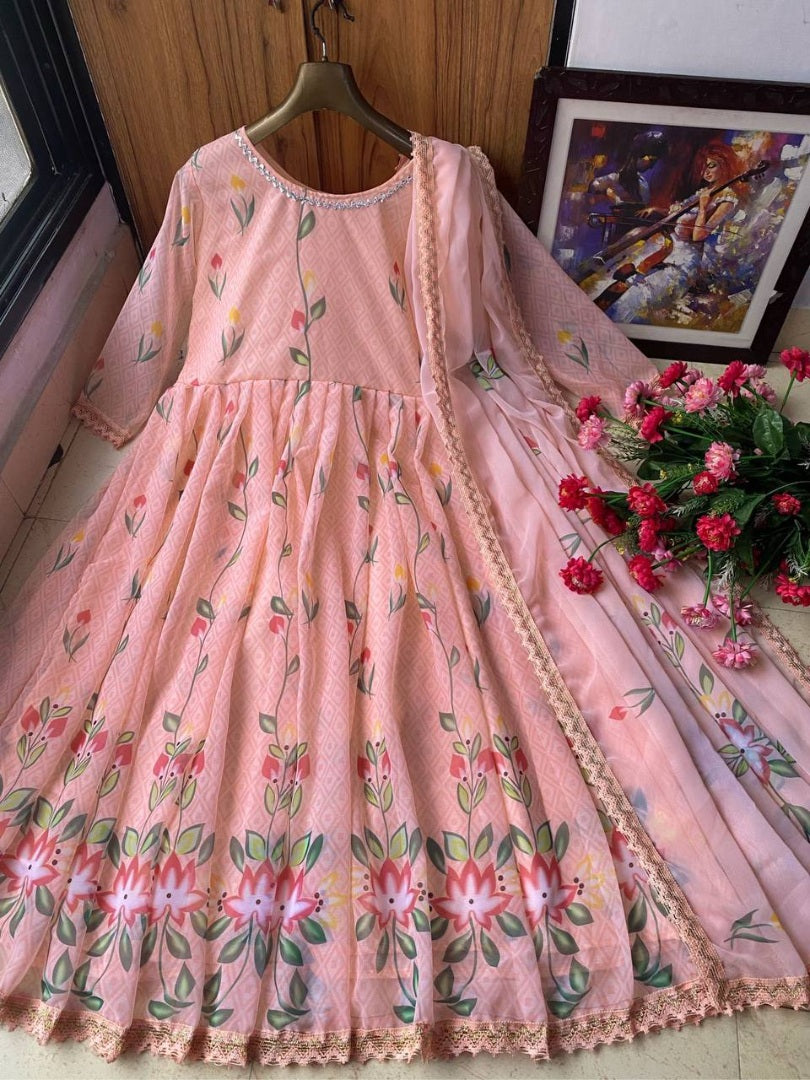 Peach georgette floral printed anarkali suit