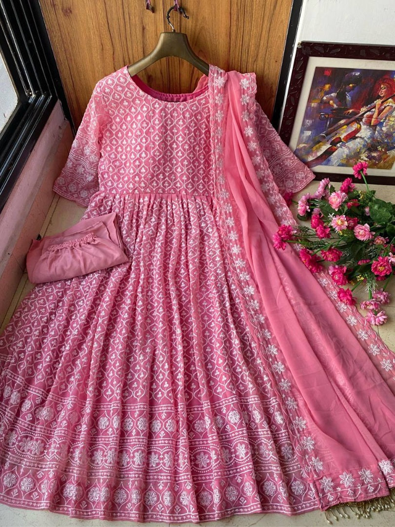 Peach georgette heavy embroidered wedding anarkali suit