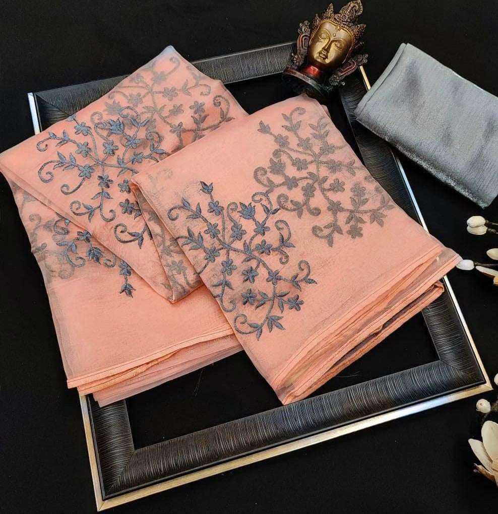 Peach heavy crushed silk coding flower work saree