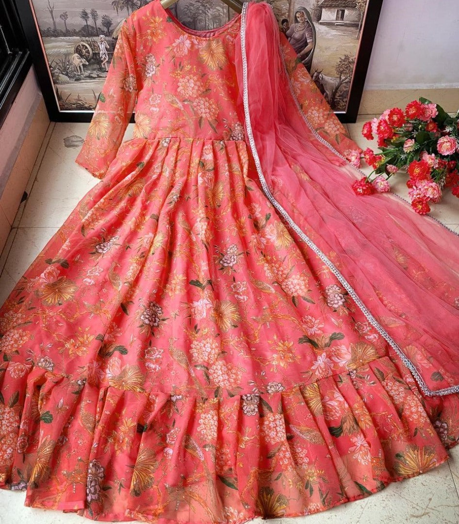 Peach heavy georgette digital flower printed work gown