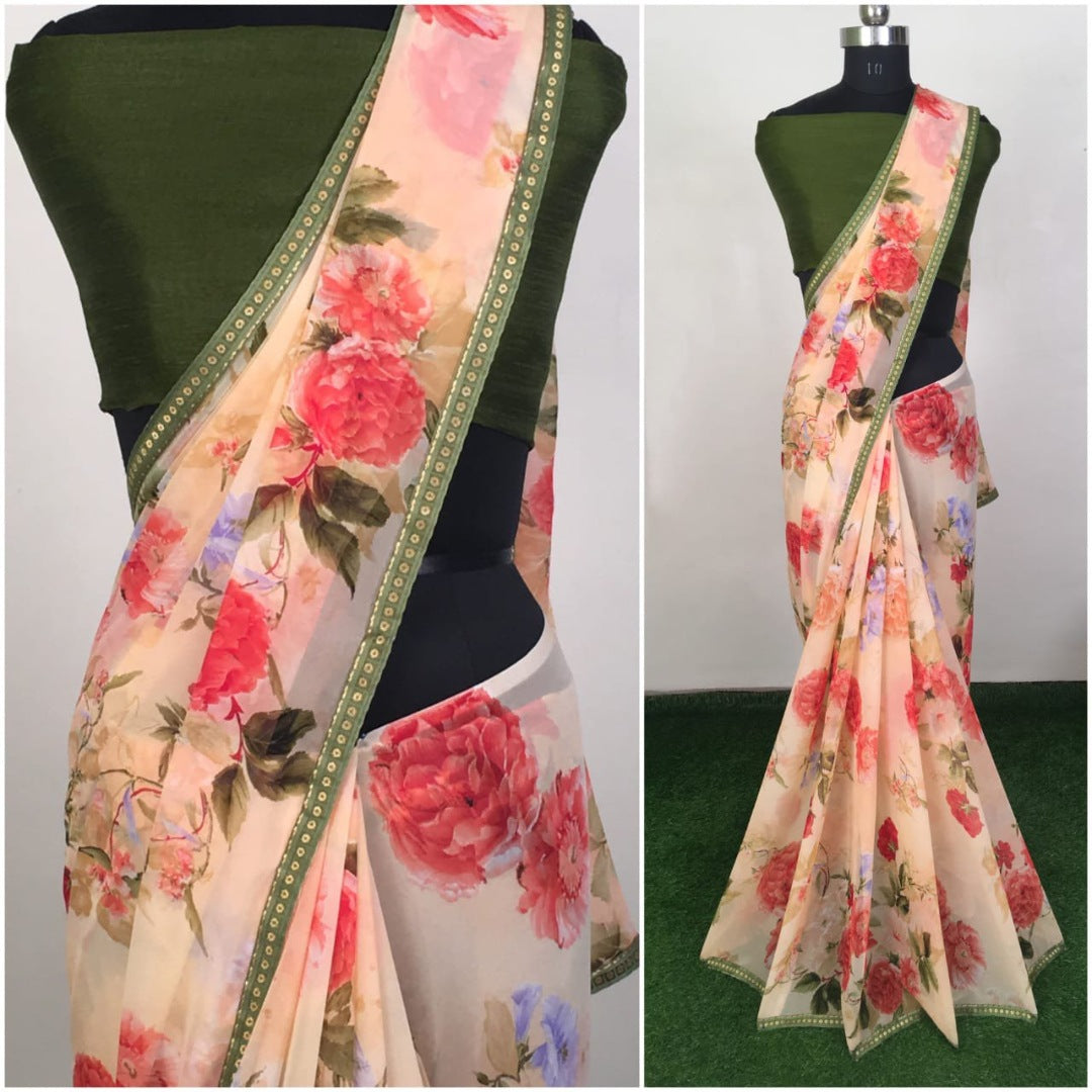 Peach heavy georgette floral printed saree