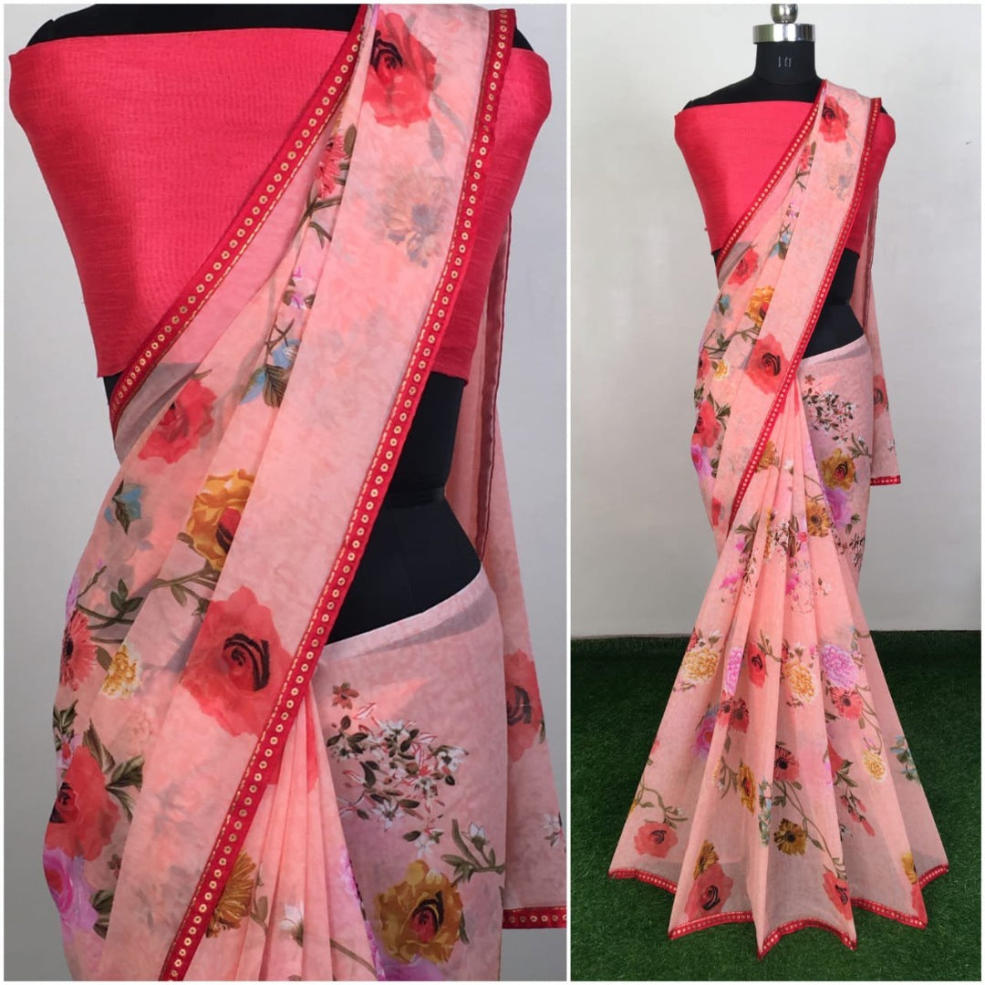 Peach heavy georgette floral printed saree