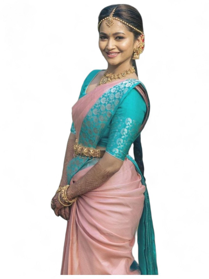 Peach lichi silk wedding saree