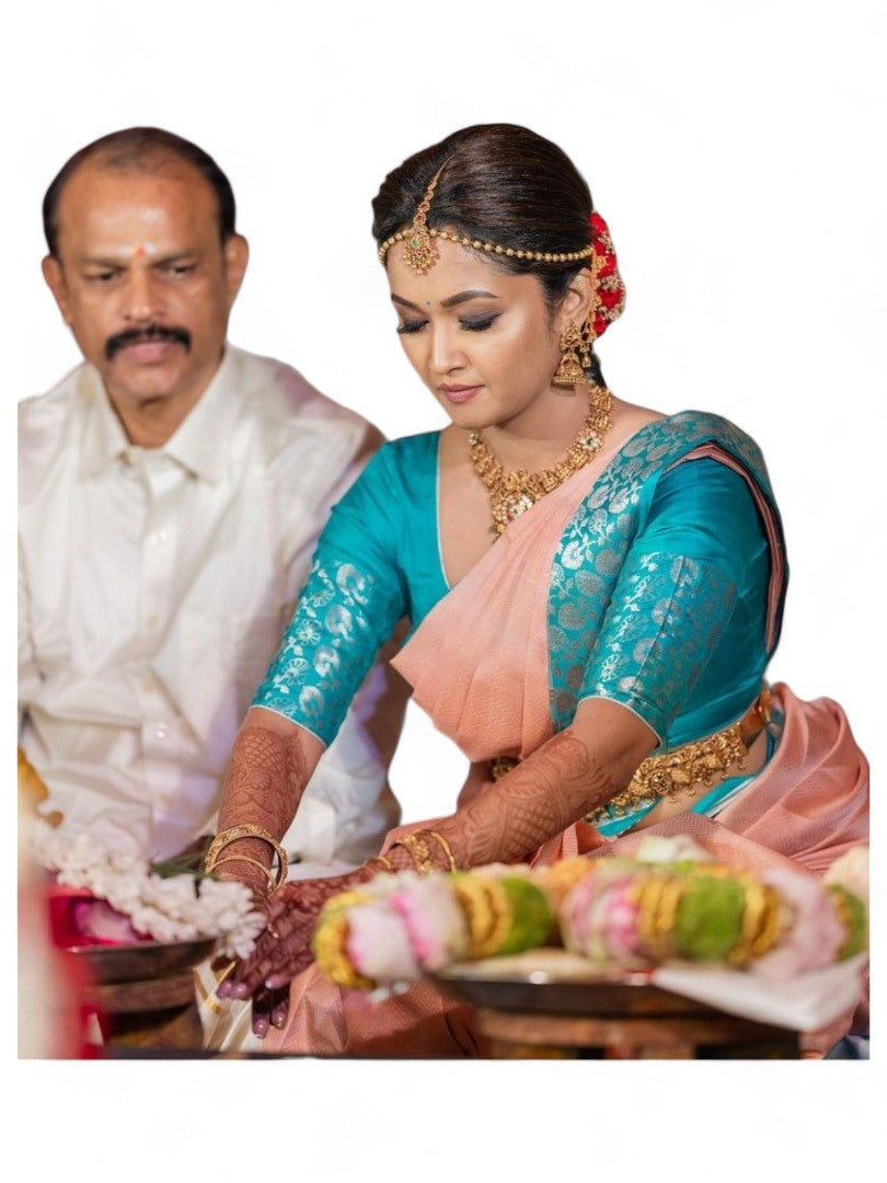 Peach lichi silk wedding saree