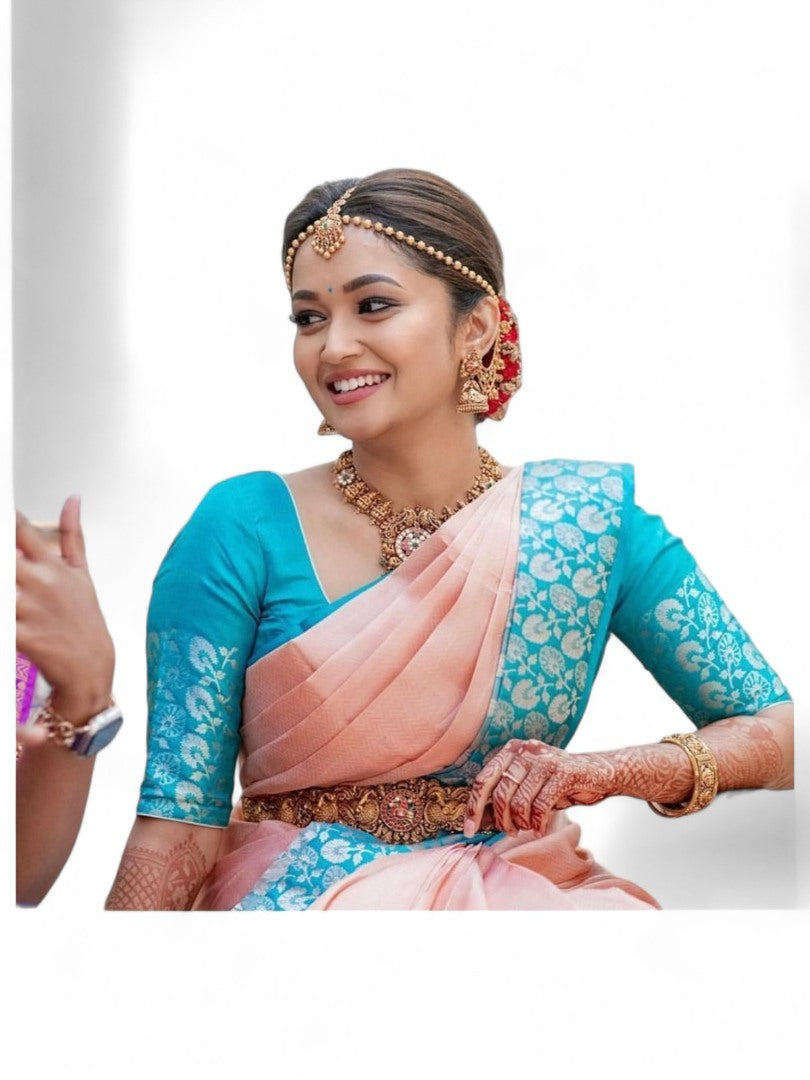 Peach lichi silk wedding saree