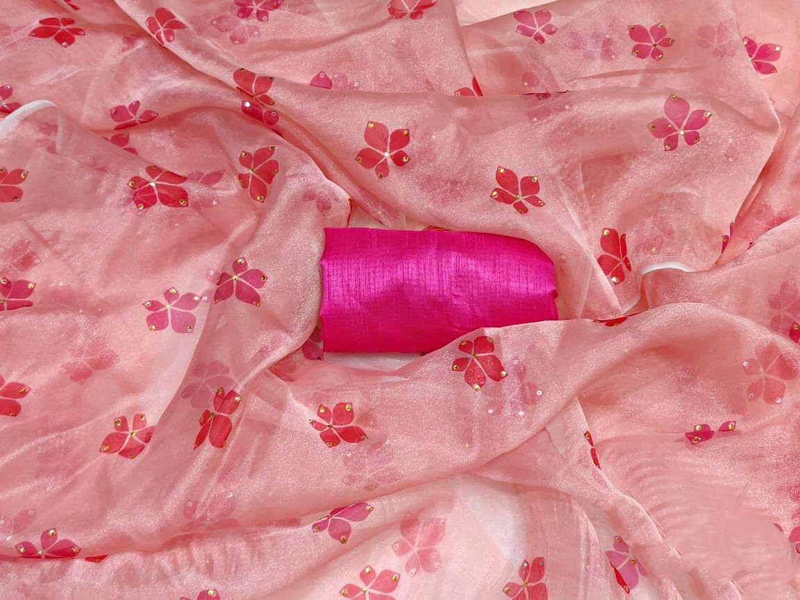 Peach moss organza digital printed stone work saree