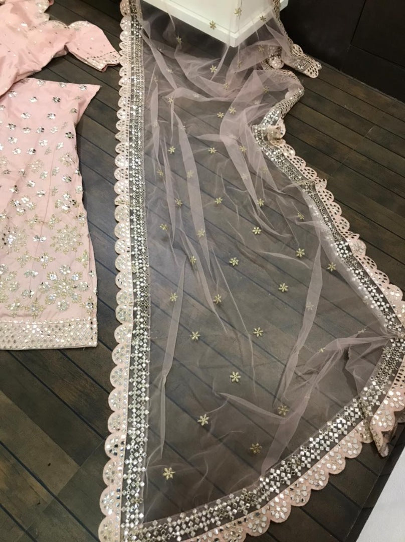 Peach mulberry silk paper mirror work wedding lehenga suit