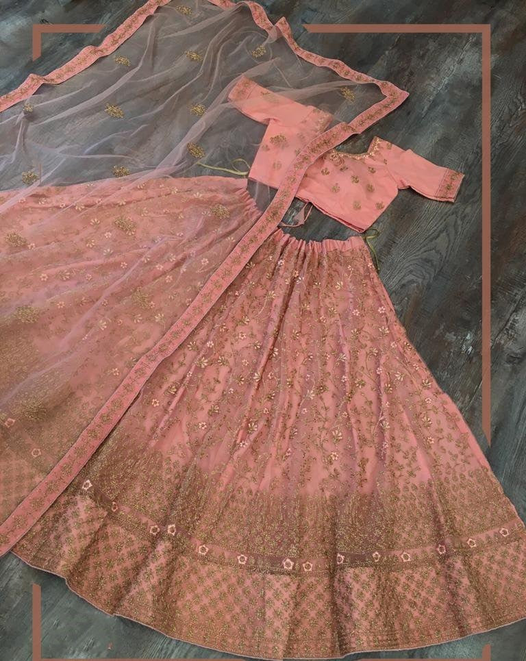 Peach net glitter zari embroidered border work lehenga choli