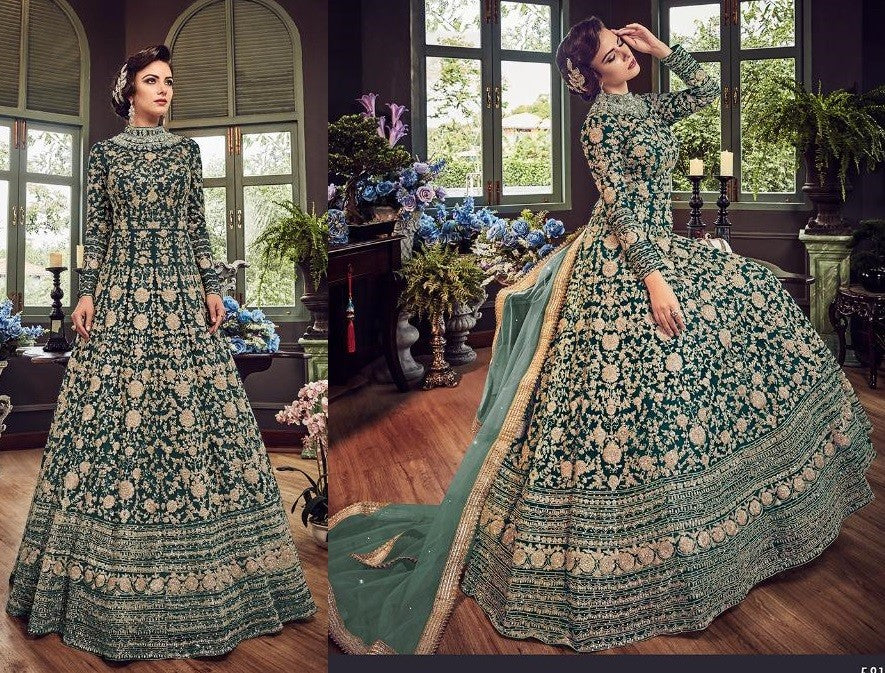 Peach net heavy embroidered wedding gown