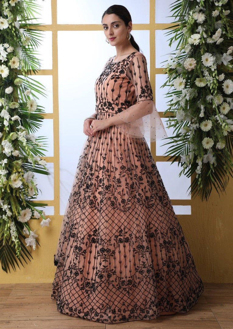 Peach net heavy embroidered wedding long anarkali gown