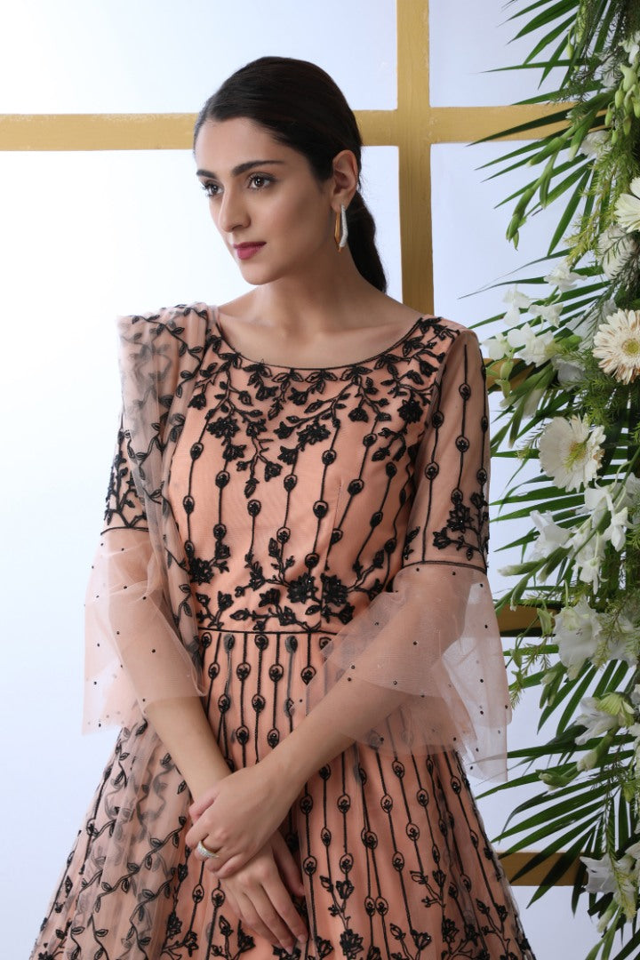 Peach net heavy embroidered wedding long anarkali gown