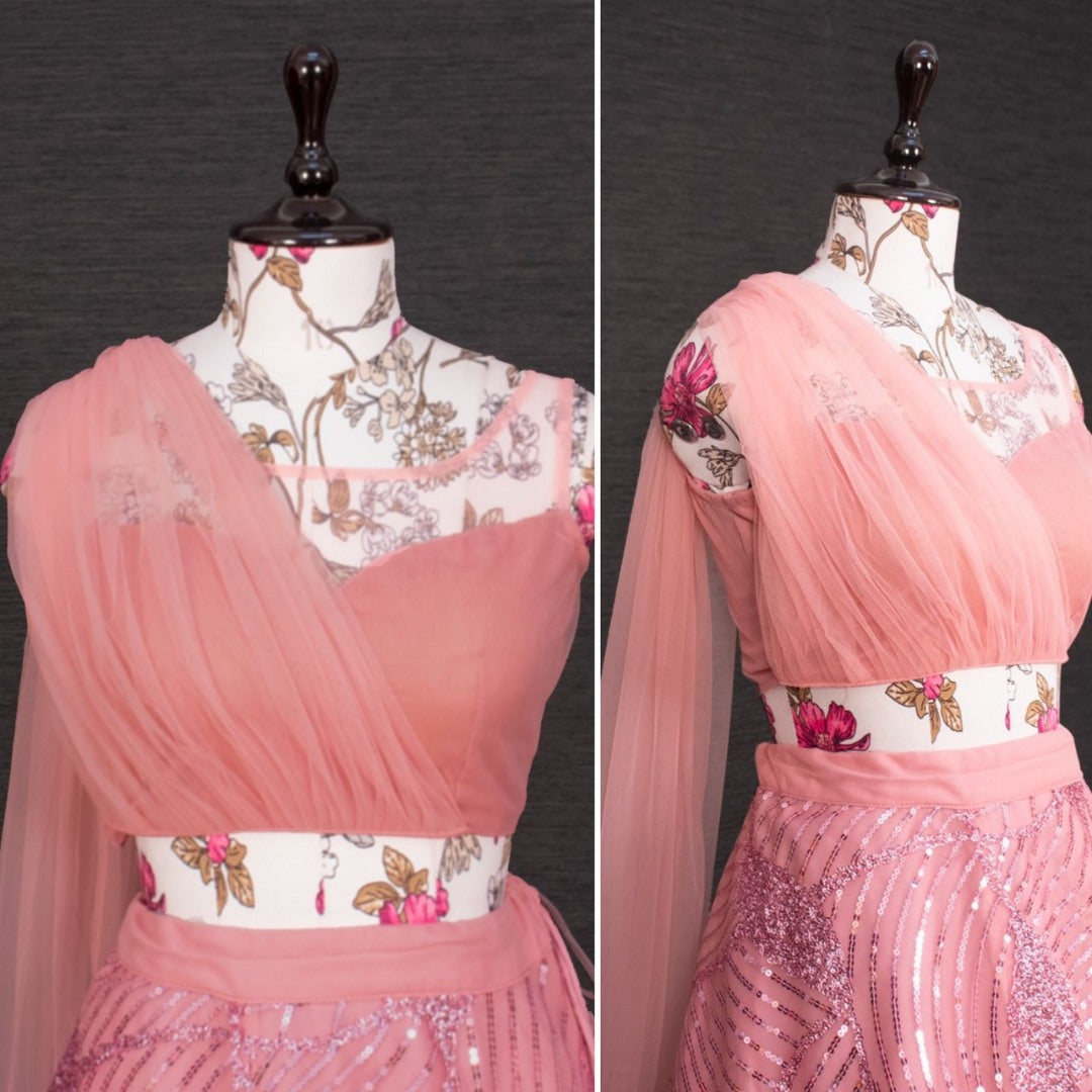 Peach net heavy sequence embroidered brides maid crop top lehenga