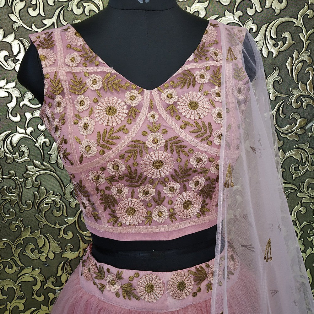 peach net ruffle bollywood lehenga choli