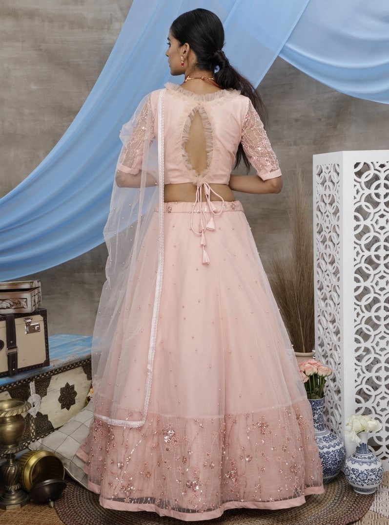 Peach net sequence thread embroidered party wear lehenga choli