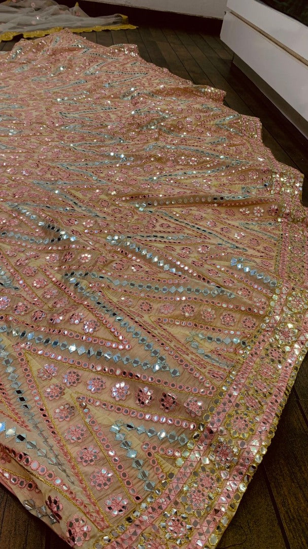 Peach organza heavy pagdi and mirror work wedding lehenga choli